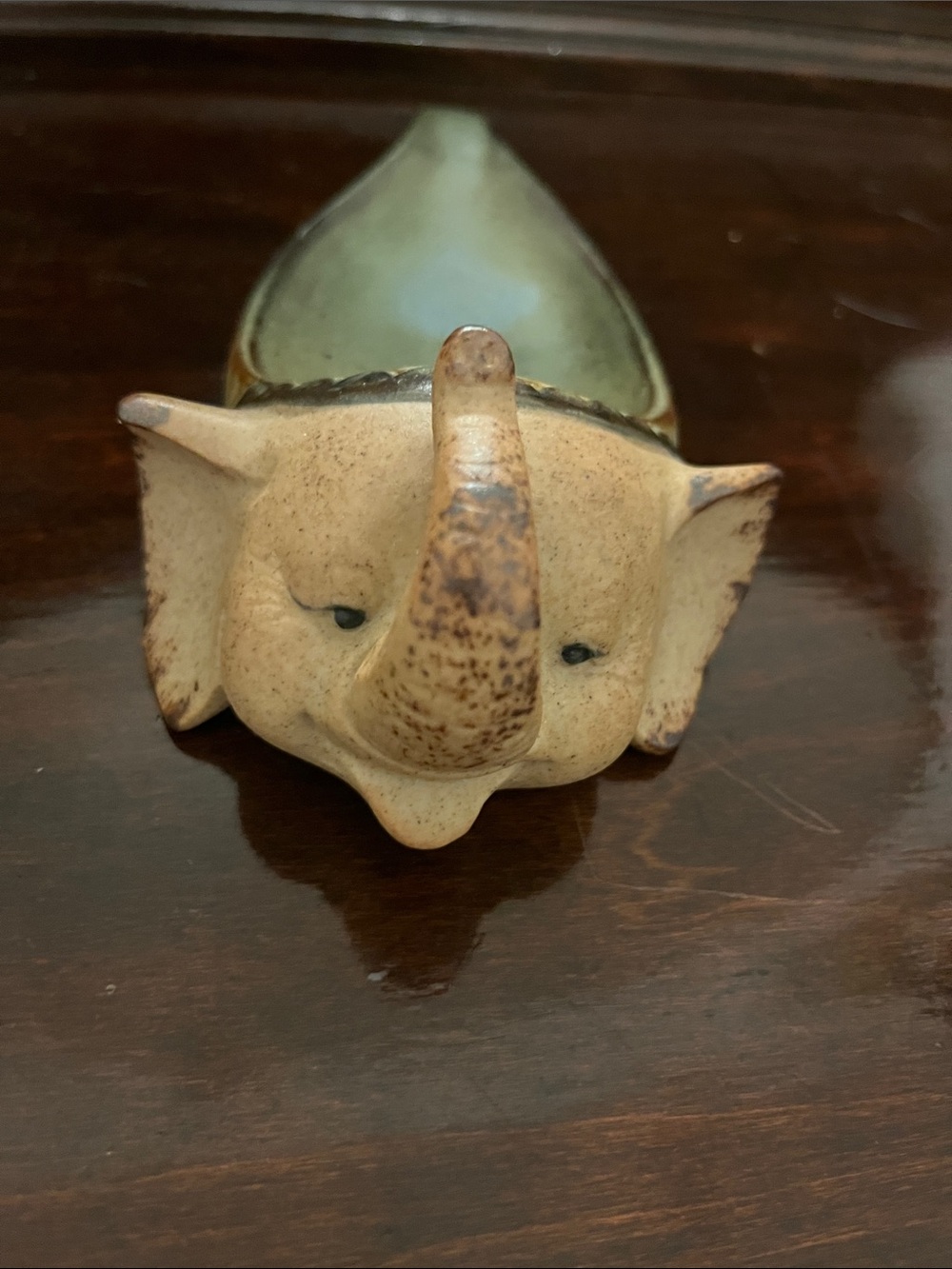 Ceramic Elephant spoon rest Green and Beige stoneware elephant